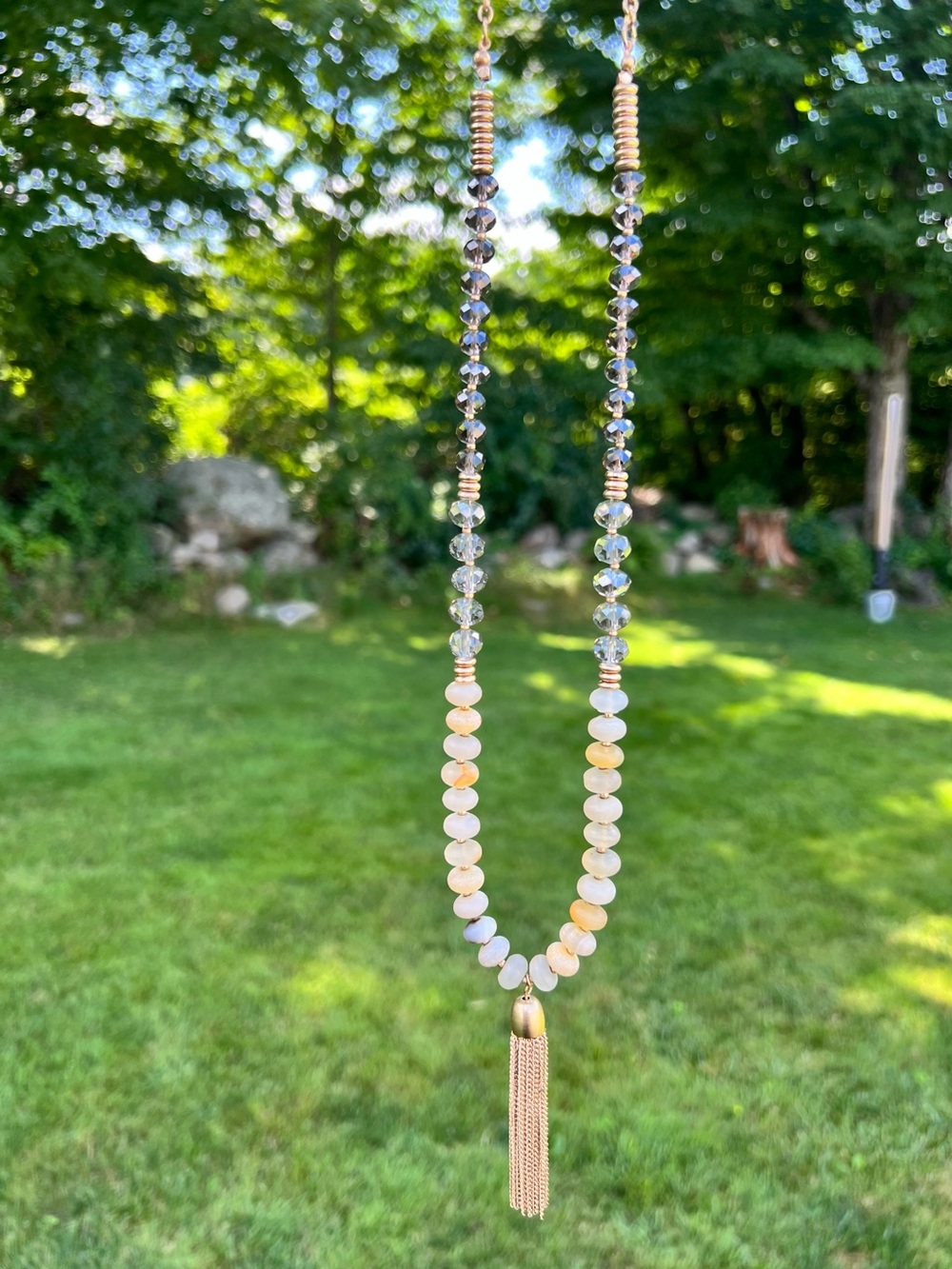 LOFT Cream, Gray & Gold Beaded Necklace with Gold Tassel Necklace